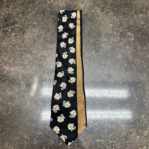 CANALI Men's 100% Silk Necktie ITALY Luxury Designer FLORAL Black/Gold EUC - Picture 1 of 3